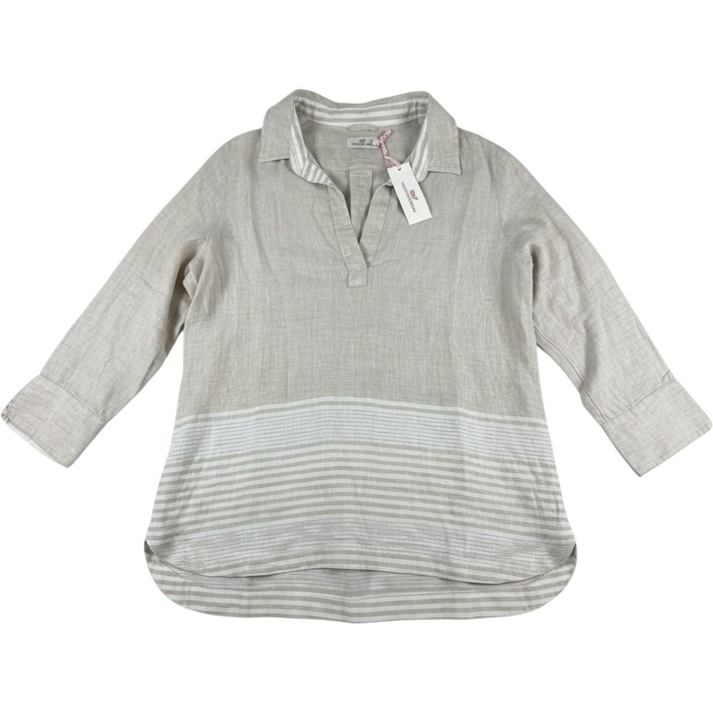 Vineyard Vines Tunic Women M Pebble Tan Shine Stripe Lucaya Linen Top NWT
